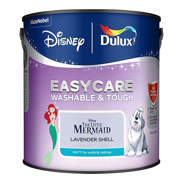 A paint can of Disney The Little Mermaid EasyCare Lavender Shell, featuring a purple and blue label with illustrations of Ariel and a white dog, on a white background.