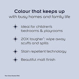A beige promotional graphic with dark navy text reading 'Colour that keeps up with busy homes and family life' followed by bullet points about suitability for children's bedrooms and playrooms, stain repellent technology, and a beautiful matt finish.