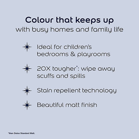 A beige promotional graphic with dark navy text reading 'Colour that keeps up with busy homes and family life' followed by bullet points about suitability for children's bedrooms and playrooms, stain repellent technology, and a beautiful matt finish.