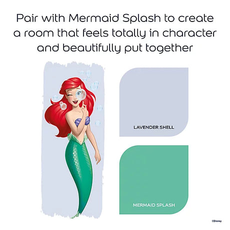 A Disney-themed color and character graphic featuring Ariel from The Little Mermaid alongside two color swatches labeled 'LAVENDER SHELL' and 'MERMAID SPLASH,' with text above suggesting pairing with Mermaid Splash for a room that feels totally in character and beautifully put together.