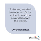 A text-based color card reading, 'A dreamy seashell lavender – a Dulux colour inspired by a world beneath the waves. LAVENDER SHELL,' with Disney and Dulux branding at the bottom on a white background.
