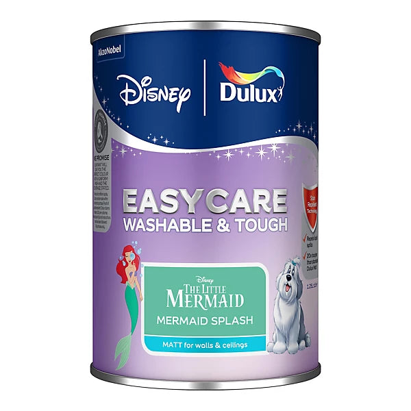 A can of Dulux EasyCare Washable & Tough paint, themed Disney's The Little Mermaid Mermaid Splash, featuring a purple and blue label with illustrations of Ariel and Donald Duck.