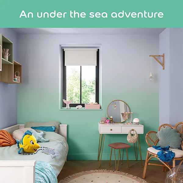 A styled children's bedroom with a pastel gradient wall transitioning from lavender to mint green, featuring a bed, vanity desk, chair, and window. A teal banner at the top reads 'An under the sea adventure'.