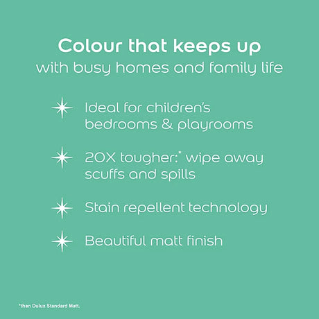 A teal promotional graphic with white text reading 'Colour that keeps up with busy homes and family life' and bullet points about suitability for children's bedrooms and playrooms, stain resistance, and matte finish.