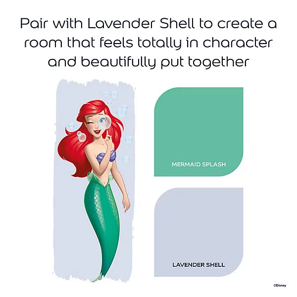 A Disney-themed room color palette graphic featuring Ariel from The Little Mermaid alongside two color swatches labeled 'Mermaid Splash' and 'Lavender Shell,' with text suggesting pairing them for a beautifully put-together room.