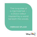 A teal rounded-square text panel on a white background with the quote, 'The turquoise of a mermaid tail – a Dulux colour inspired by a world beneath the waves.' and the product name 'MERMAID SPLASH.