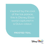 A square graphic card with a light teal rounded-corner panel on a white background, containing white text that reads: 'Inspired by the cool of the ice palace, this is Disney Elsa's world captured in a Dulux colour. FROSTED TEAL.