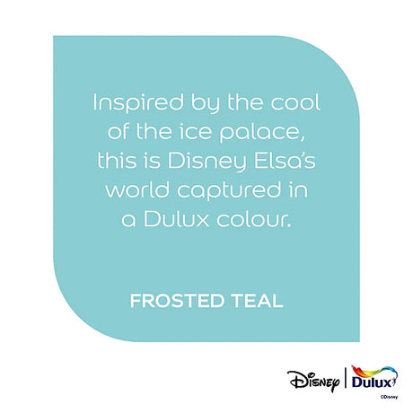 A square graphic card with a light teal rounded-corner panel on a white background, containing white text that reads: 'Inspired by the cool of the ice palace, this is Disney Elsa's world captured in a Dulux colour. FROSTED TEAL.
