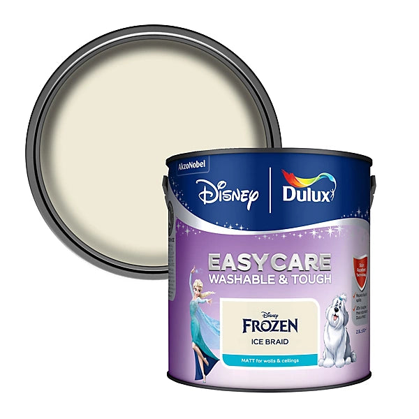 A can of Dulux Disney Frozen Ice Braid paint with the lid removed, showing the off-white/cream paint color. The can features Disney and Dulux branding, Frozen theme graphics, and is set against a plain white background.