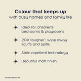 A beige promotional graphic with dark navy text reading 'Colour that keeps up with busy homes and family life' and bullet points about stain resistance and matte finish, plus a small note at bottom left reading '*Ian Dulux Standard Matt.'.