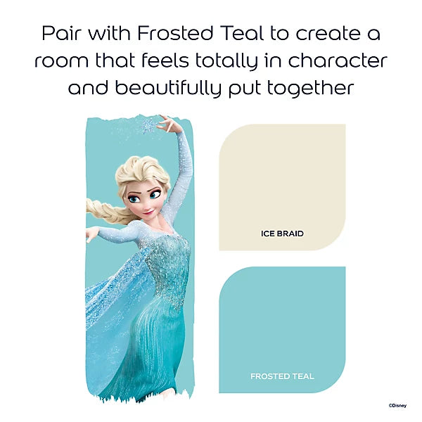 A Disney Frozen-themed color and style guide graphic showing Elsa on a teal fabric panel, with text reading 'Pair with Frosted Teal to create a room that feels totally in character and beautifully put together,' plus two color swatches labeled 'ICE BRAID' and 'FROSTED TEAL.'.
