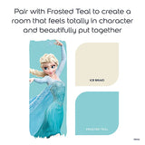 A Disney Frozen-themed color and style guide graphic showing Elsa on a teal fabric panel, with text reading 'Pair with Frosted Teal to create a room that feels totally in character and beautifully put together,' plus two color swatches labeled 'ICE BRAID' and 'FROSTED TEAL.'.