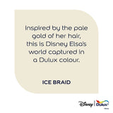 A product color card for a Disney 'Ice Braid' hair accessory. The card features a pale gold-beige rounded rectangle with dark navy text explaining the color inspiration from Elsa's hair and naming the Dulux brand.
