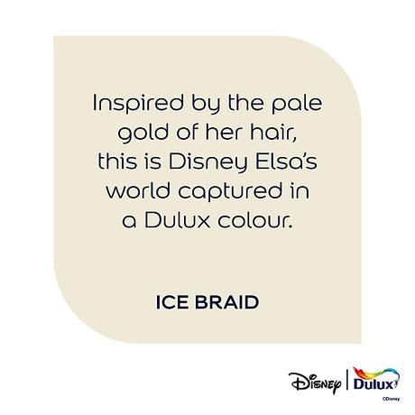 A product color card for a Disney 'Ice Braid' hair accessory. The card features a pale gold-beige rounded rectangle with dark navy text explaining the color inspiration from Elsa's hair and naming the Dulux brand.