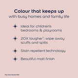 A beige promotional graphic with dark navy text reading 'Colour that keeps up with busy homes and family life' followed by bullet points about suitability for children's bedrooms and playrooms, stain repellent technology, and a beautiful matt finish.