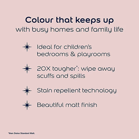 A beige promotional graphic with dark navy text reading 'Colour that keeps up with busy homes and family life' followed by bullet points about suitability for children's bedrooms and playrooms, stain repellent technology, and a beautiful matt finish.