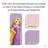 Disney-themed color coordination graphic featuring Rapunzel on the left and two lavender-pink swatches labeled 'PRINCESS BLUSH' and 'ENCHANTED DREAM' with text above about creating a room that feels totally in character.