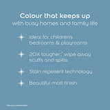 A blue promotional graphic with white text describing a stain-resistant matte finish suitable for children's bedrooms and playrooms. Bullet points mention 20X tougher stain resistance and a beautiful matte finish, with a small footnote citing than Dulux Standard Matt.