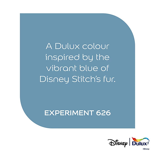 A blue color swatch card with rounded corners on a white background, containing white text that reads: 'A Dulux colour inspired by the vibrant blue of Disney Stitch's fur. EXPERIMENT 626' with Disney and Dulux logos at the bottom right.