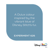 A blue color swatch card with rounded corners on a white background, containing white text that reads: 'A Dulux colour inspired by the vibrant blue of Disney Stitch's fur. EXPERIMENT 626' with Disney and Dulux logos at the bottom right.
