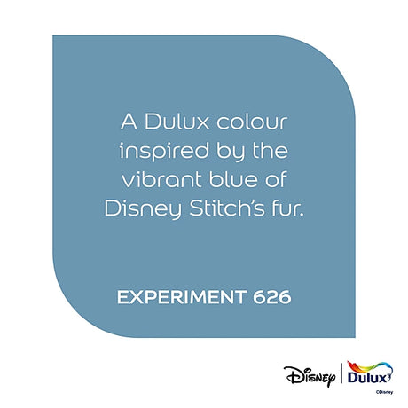 A blue color swatch card with rounded corners on a white background, containing white text that reads: 'A Dulux colour inspired by the vibrant blue of Disney Stitch's fur. EXPERIMENT 626' with Disney and Dulux logos at the bottom right.