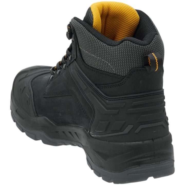 A black high-top safety boot with a textured black upper, black laces, and a bright yellow interior lining, shown from a three-quarters rear angle on a white background.
