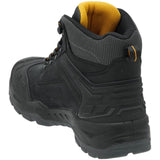 A black high-top safety boot with a textured black upper, black laces, and a bright yellow interior lining, shown from a three-quarters rear angle on a white background.
