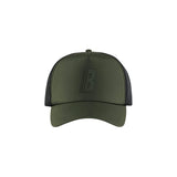 An olive green trucker-style baseball cap with a dark charcoal gray mesh back and a tonal dark gray embroidered 'B' logo on the front, shown against a plain white background.