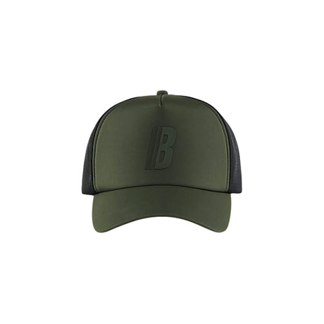 An olive green trucker-style baseball cap with a dark charcoal gray mesh back and a tonal dark gray embroidered 'B' logo on the front, shown against a plain white background.