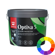 A bucket of Tikkurilla Optiva 5 Extreme Protection latex paint in the 'Mar / Matt' finish, shown on a white background with a colour wheel graphic in the bottom right corner. Interior and Exterior Paint 