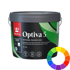 A bucket of Tikkurilla Optiva 5 Extreme Protection latex paint in the 'Mar / Matt' finish, shown on a white background with a colour wheel graphic in the bottom right corner. Interior and Exterior Paint 