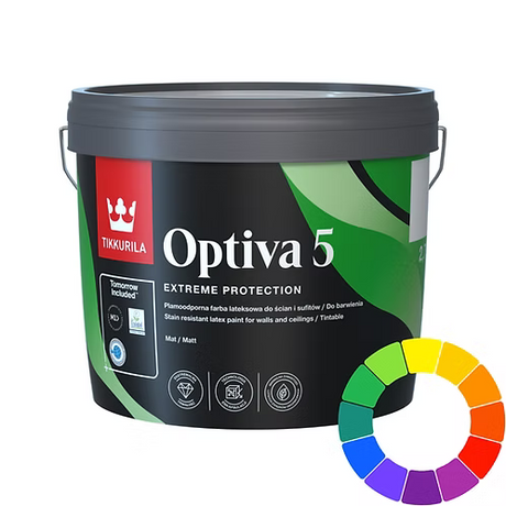 A bucket of Tikkurilla Optiva 5 Extreme Protection latex paint in the 'Mar / Matt' finish, shown on a white background with a colour wheel graphic in the bottom right corner. Interior and Exterior Paint 