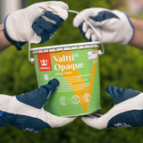 A bucket of Tikkurila Valti Opaque Wood Paint being held by gloved hands outdoors against a blurred green 
background.
Buy Tikkurila Valtti Opaque exterior wood paint online at Ted Johnsons. Durable semi-matt finish with excellent weather protection. Fast delivery Ireland.