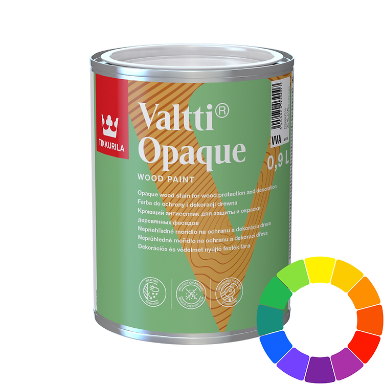 A can of Valtti Opaque Wood Paint in a light green color, shown on a white background with a circular color wheel graphic in the bottom right corner.
Tikkurila Valtti Opaque Exterior Wood Paint