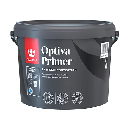 A 9-liter bucket of Takurila Optiva Primer Extreme Protection white paint, shown on a clean white background.
