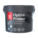A black plastic bucket of Tikkurilla Optiva Primer Extreme Protection wall and ceiling primer, featuring a red and white label on a clean white Tikkurila Optiva Primer background.