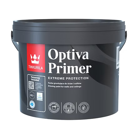 A black plastic bucket of Tikkurilla Optiva Primer Extreme Protection wall and ceiling primer, featuring a red and white label on a clean white Tikkurila Optiva Primer background.