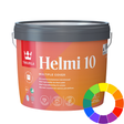 A bucket of Tikkurila Helmi 10 multiple cover furniture paint on a white background, featuring a red and orange label and a color wheel graphic in the bottom right corner.