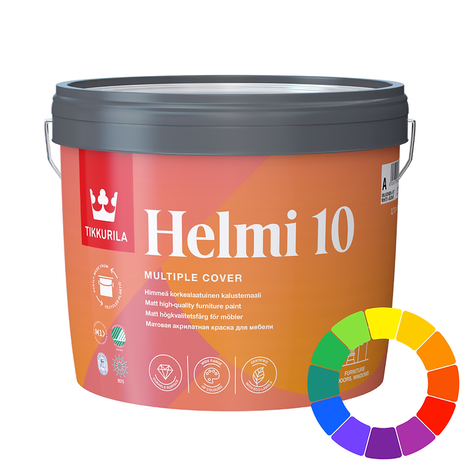 A bucket of Tikkurila Helmi 10 multiple cover furniture paint on a white background, featuring a red and orange label and a color wheel graphic in the bottom right corner.