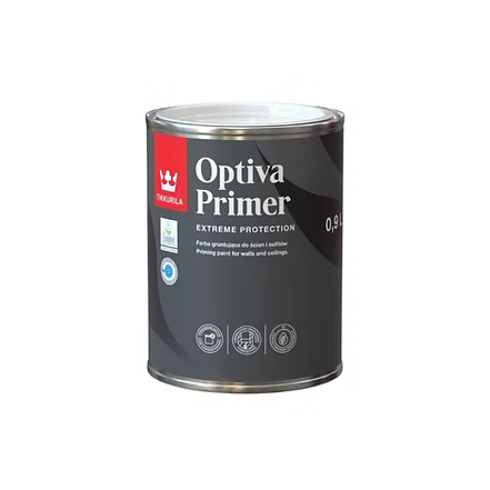 Tikkurila Optiva Primer A 0.9L can of Tarkila Optiva Primer Extreme Protection wall and ceiling primer, featuring a dark gray label with white text and a red brand logo, on a plain white background.