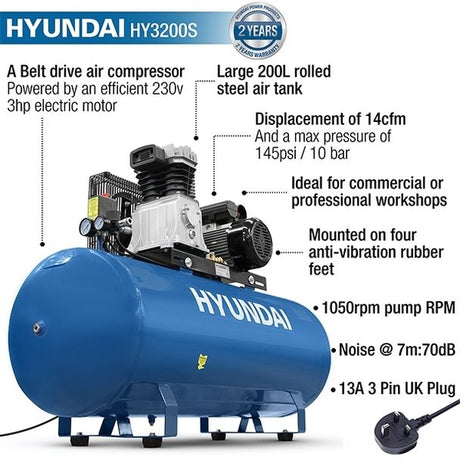Hyundai 200 Litre Air Compressor 14CFM/145psi Electric 3hp