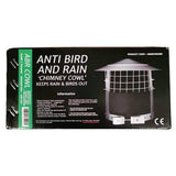Packaged anti bird and rain chimney cowl on a plain white background. The black box features white text, a green vertical strip on the left, and an illustration of the silver and white chimney cowl on the right side.