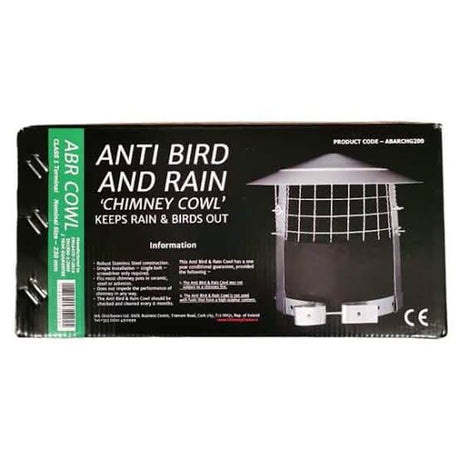 Packaged anti bird and rain chimney cowl on a plain white background. The black box features white text, a green vertical strip on the left, and an illustration of the silver and white chimney cowl on the right side.