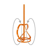 An orange spiral-style stand or holder with a vertical pole and looped base, shown on a white background with two gray curved arrows indicating motion or orientation.