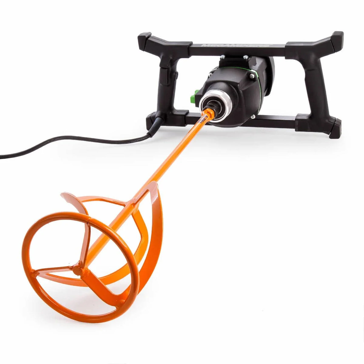 An electric mixing attachment with a black handle frame, orange mixing wand, and orange mixing bowl, shown on a white background. Refina Paint Spiral Paddle MR3 – 600 x 100mm, M14