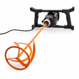 An electric mixing attachment with a black handle frame, orange mixing wand, and orange mixing bowl, shown on a white background. Refina Paint Spiral Paddle MR3 – 600 x 100mm, M14