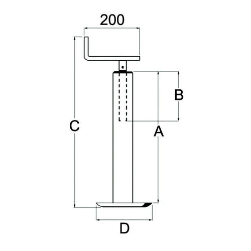 Technical dimension diagram of a wall-mounted fixture or stand, showing labelled measurements A, B, C, D, and 200 on a white background. Ama Parking Jack Square Profile – 532mm – 200kg