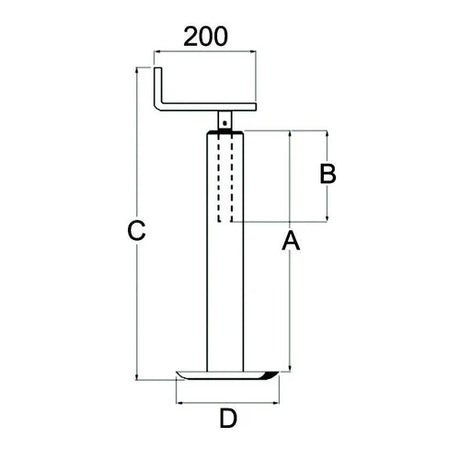 Technical dimension diagram of a wall-mounted fixture or stand, showing labelled measurements A, B, C, D, and 200 on a white background. Ama Parking Jack Square Profile – 532mm – 200kg