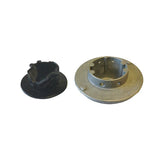 A black plastic circular mounting piece shown next to a metallic silver circular hub or bracket on a plain white 
Ama Scorpion Strimmer Head – Universal Fitting | Alloybackground.