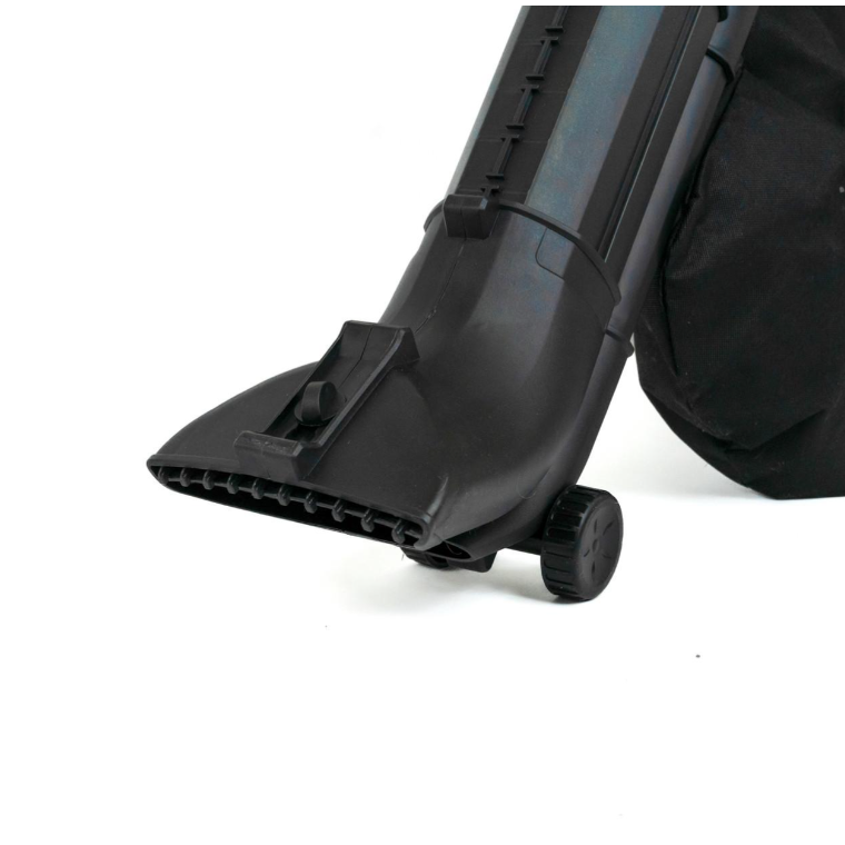 Close-up of a black vacuum cleaner attachment head with a small wheel and a black bag on a white background.
Hyundai 3000w 3-in-1 Leaf Blower, Vacuum & Shredder | 45L Bag